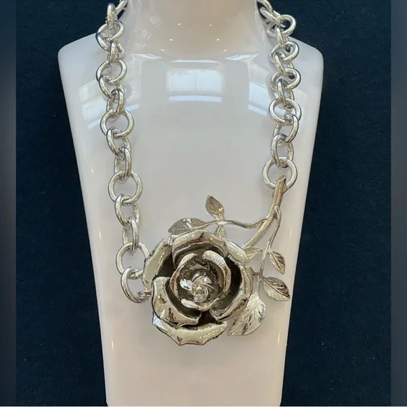 Zara Bold Rose Statement Necklace - Silver Tone - Picture 5 of 6